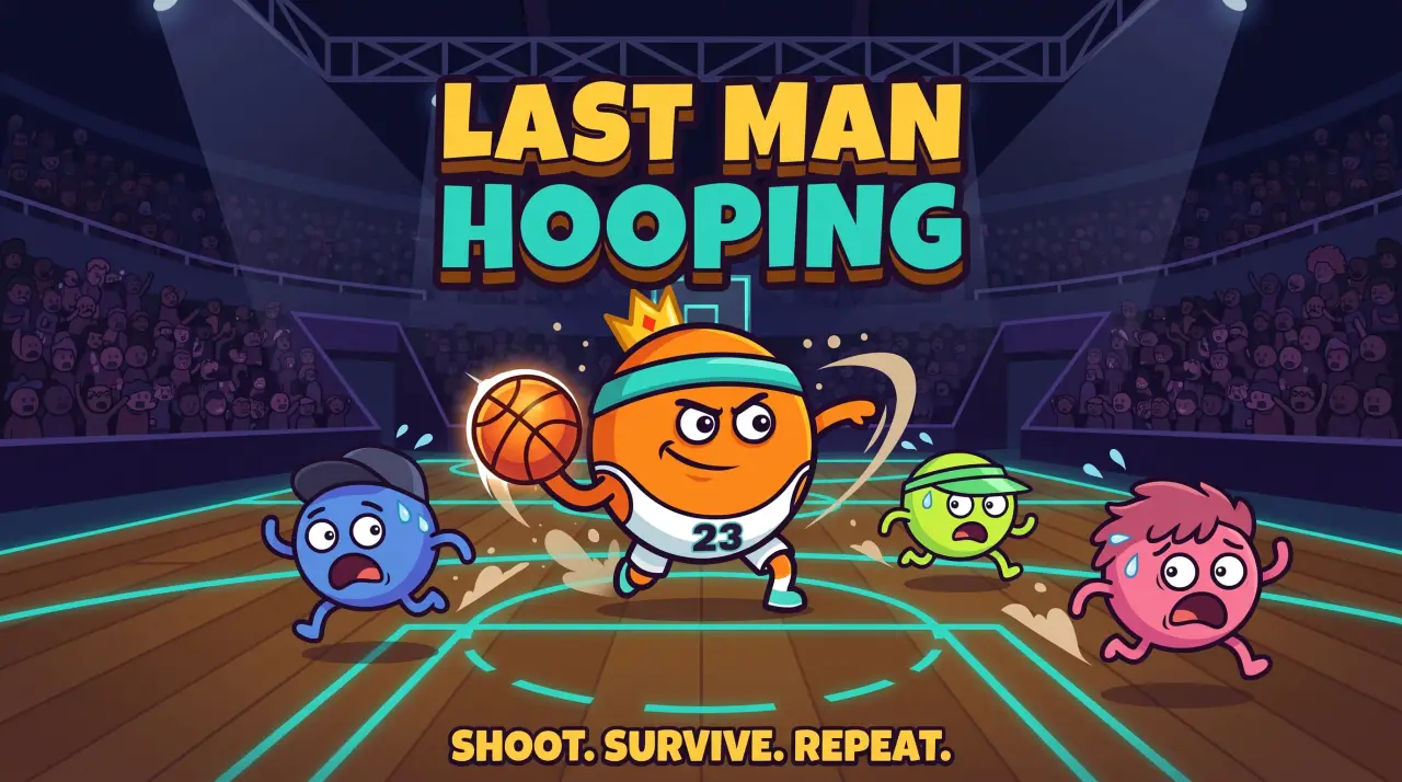 Last Man Hooping key art: a crowned orange hooper with a flaming ball charges across the court while three scared defenders run for it, under the words Shoot. Survive. Repeat.