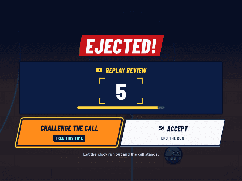 The EJECTED banner over the Replay Review panel with Challenge the call and Accept.