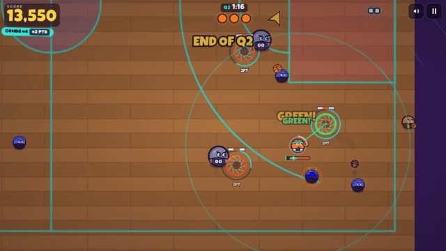 Gameplay: hoops on their shot clocks while Big Bodies guard the rims.
