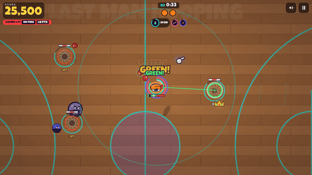 Gameplay: the hooper, on fire, locks onto a hoop with the shot meter in the green while a crown pickup waits nearby.