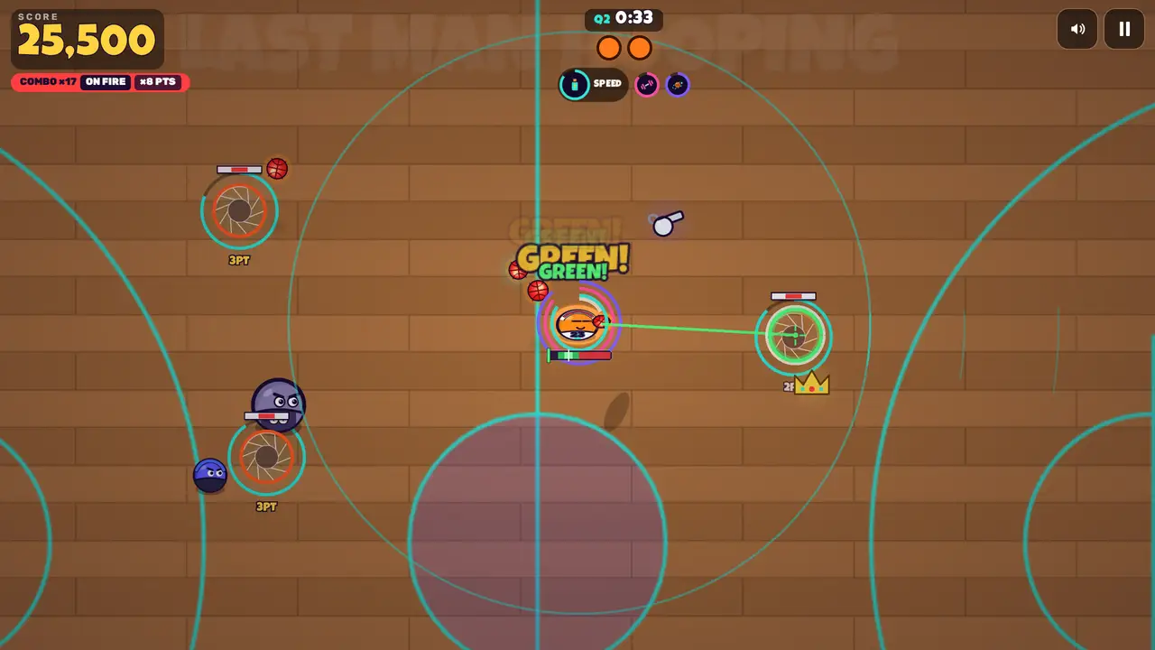 Gameplay: the hooper, on fire, locks onto a hoop with the shot meter in the green while a crown pickup waits nearby.