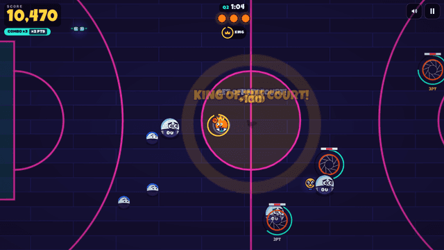 Gameplay on the Night Neon court: the crowned hooper sends a frightened defender OUT.