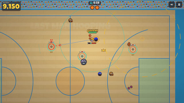 Gameplay on the Beach court: Downtown's Logo Line ring on the floor while defenders close in.