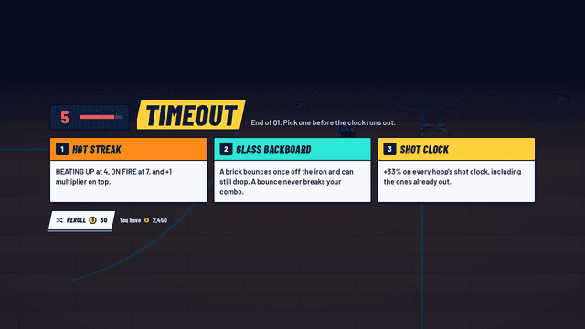 The timeout screen with three boost cards: Hot Streak, Glass Backboard and Shot Clock.