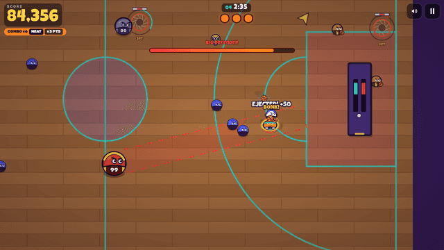 Gameplay: the Big Defender winds up a charge down a red lane toward the hooper, its health bar across the top.