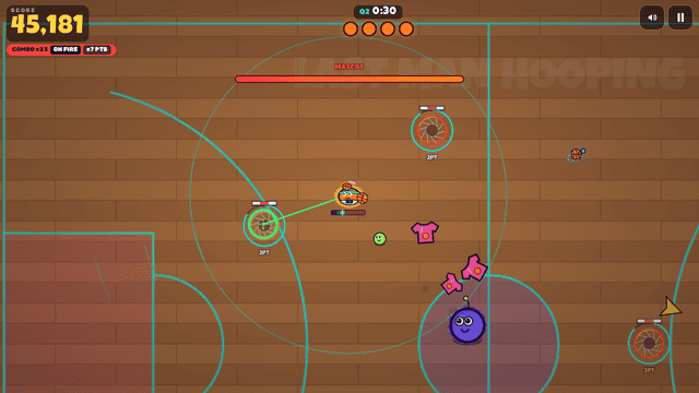 Gameplay: the halftime Mascot and its T-shirts on the floor, the Mascot's health bar across the top.