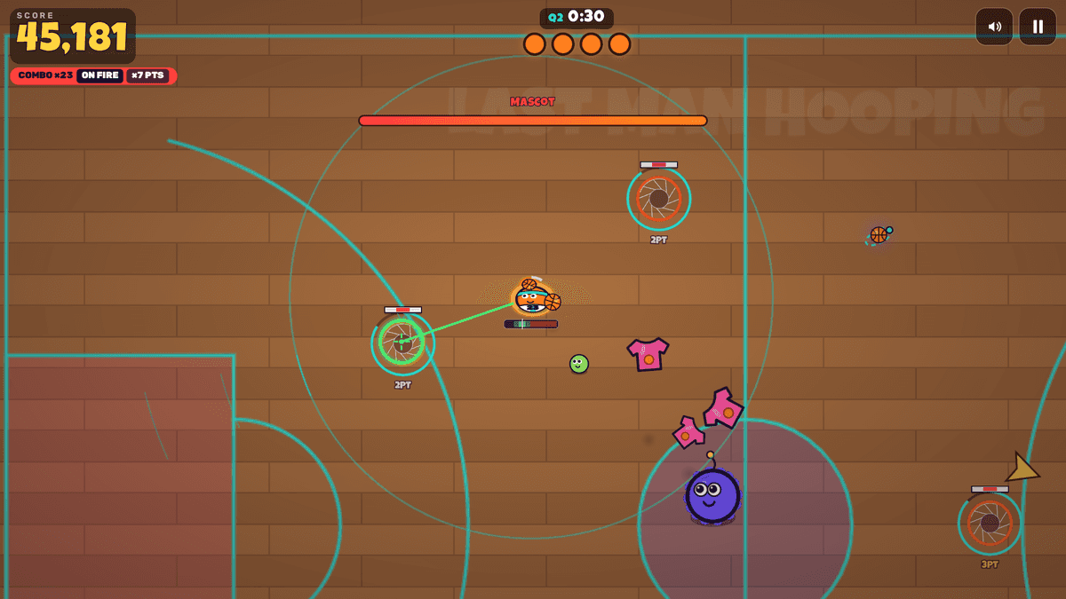 Gameplay: the halftime Mascot and its T-shirts on the floor, the Mascot's health bar across the top.