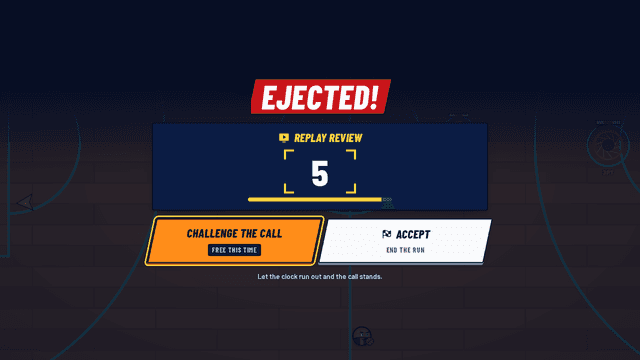 The EJECTED banner over the Replay Review panel: Challenge the call, free this time, or Accept.