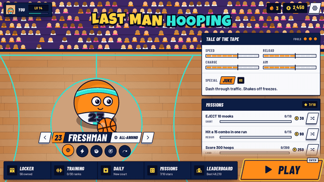The home screen: Freshman on the court, the tale of the tape and the mission ladder.