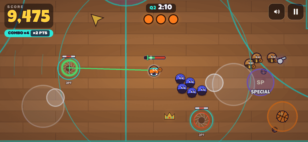 The game on a phone in landscape: the floating move stick on the left, the aim zone and Special button on the right.